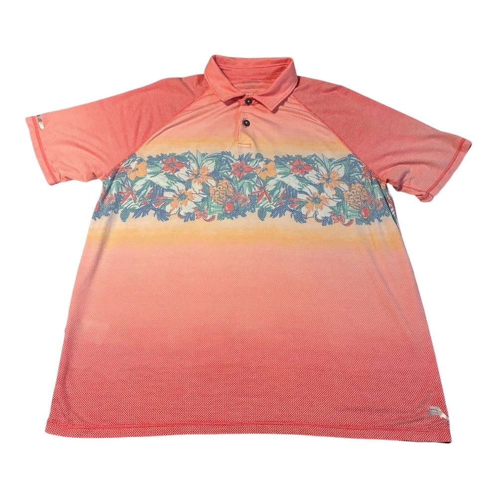 Tommy Bahama IslandZone Mens XL Polo Shirt Coral Pink Tropical Floral Mesh